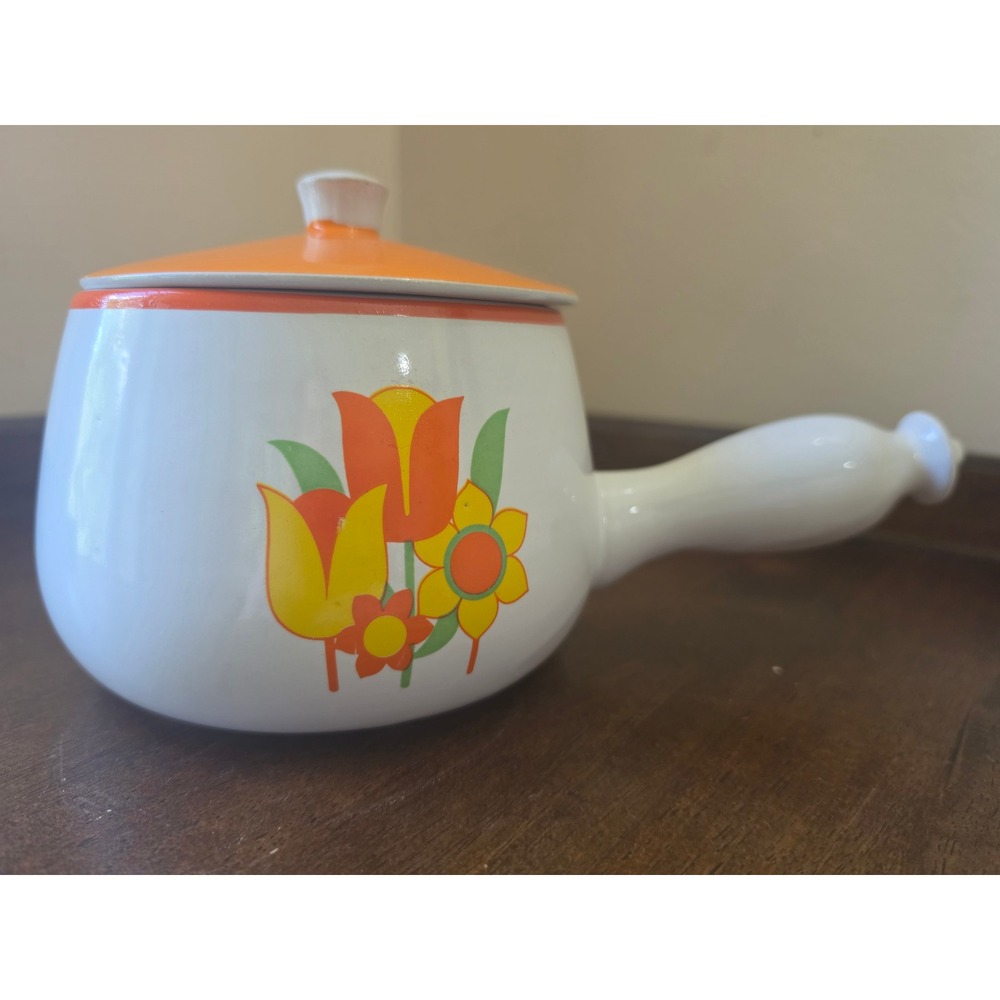 Vintage 1970s Floral Oven Proof Stoneware Pot with Orange Lid & Handle - Retro - Picture 5 of 15